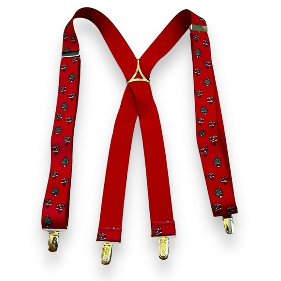 Santa Christmas Suspenders Red Elastic ClipOn CAS W Germany Trees Adjustable 80s - Picture 2 of 9